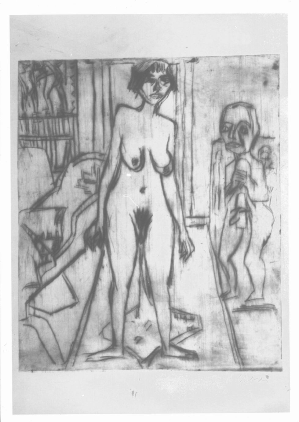 Akt im Raum, Nudo femminile in piedi con nudo maschile a destra (stampa) di Scherer Herman (sec. XX)