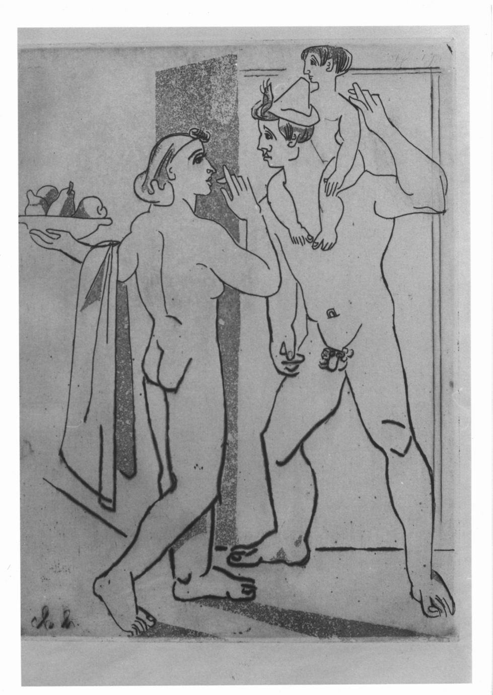 Uomo, donna e bambino nudi in un interno (stampa) di Hindenlang Karl (sec. XX)