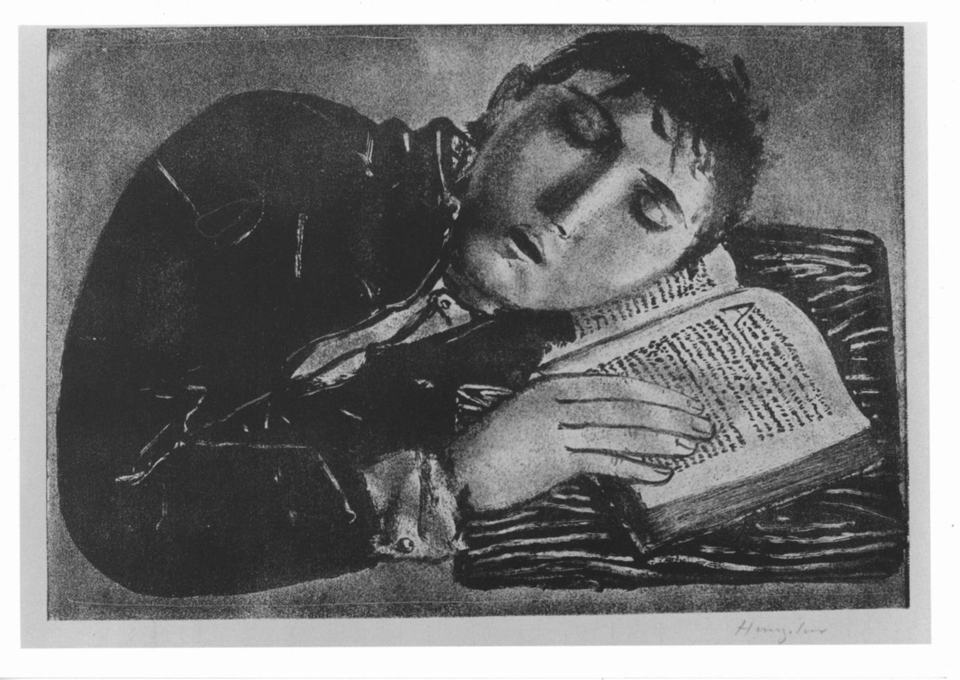 Schlafender mit buch, Figura dormiente con libro reclinata su un tavolo (stampa) di Hunziker Max (sec. XX)