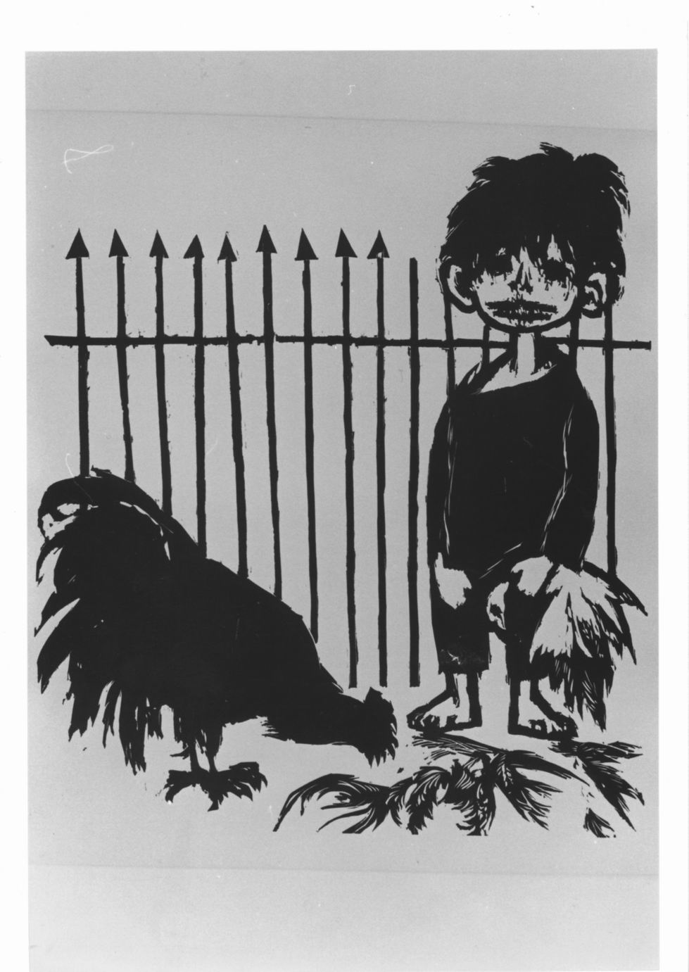 Il bambino nel pollaio, Bambino con gallina morta dentro un pollaio (stampa, elemento d'insieme) di Wyss Robert (sec. XX)