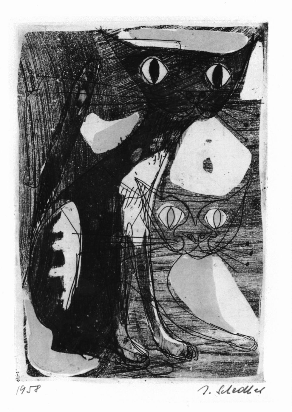 Gatti, Due gatti (stampa) di Schedler Jacques (sec. XX)
