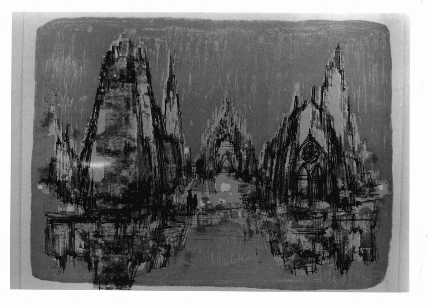 Duomo, Tre immagini di chiesa e figure (stampa a colori) di Günther Max (sec. XX)