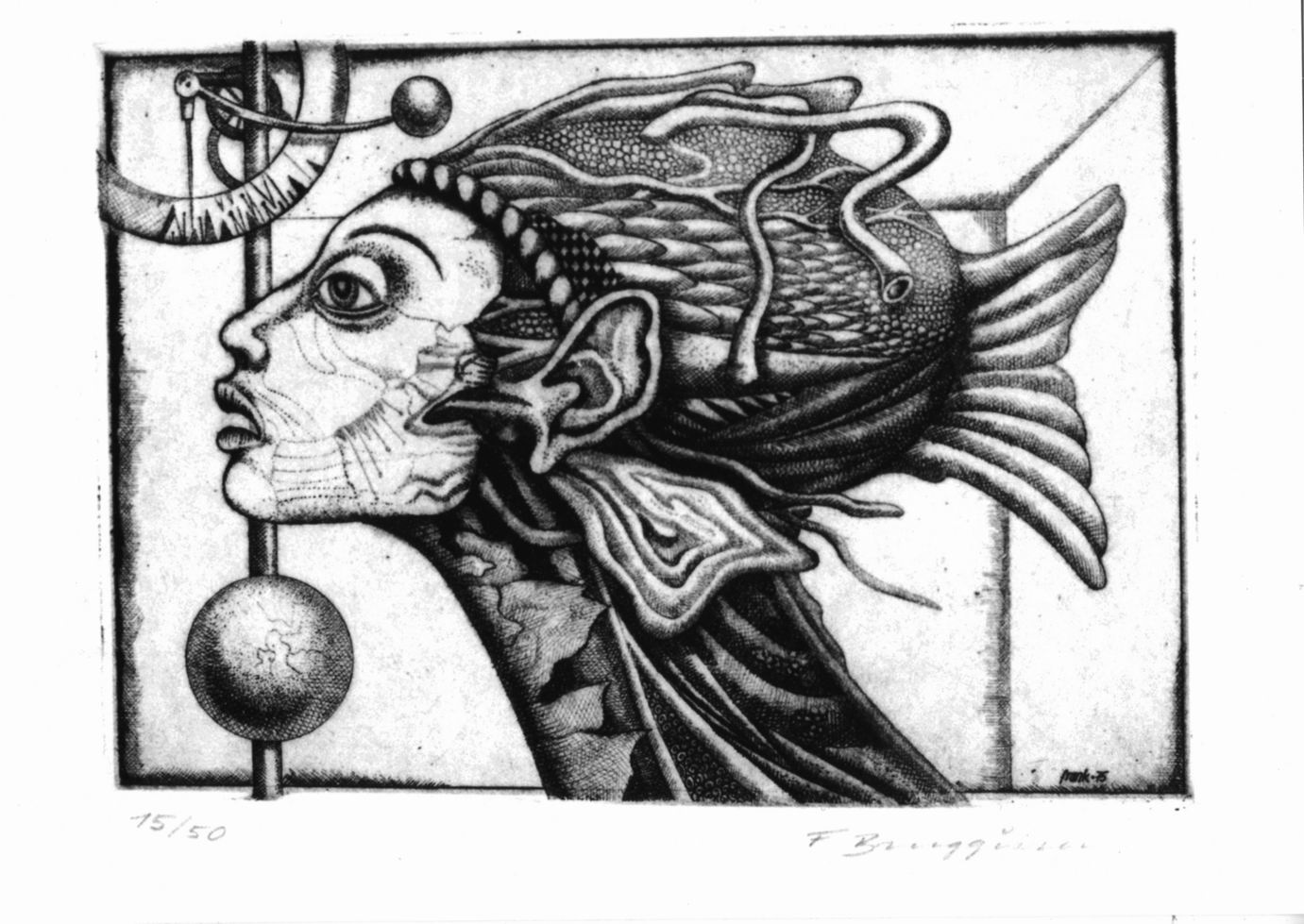 Schöne fischin, Testa di donna-pesce (stampa) di Brugisser Frank (sec. XX)