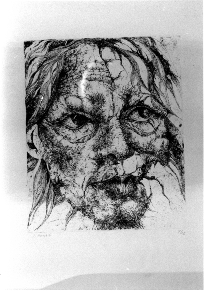 Mutazione n. 4, Volto femminile in disfacimento (stampa) di Horat Albiero Carla (sec. XX)