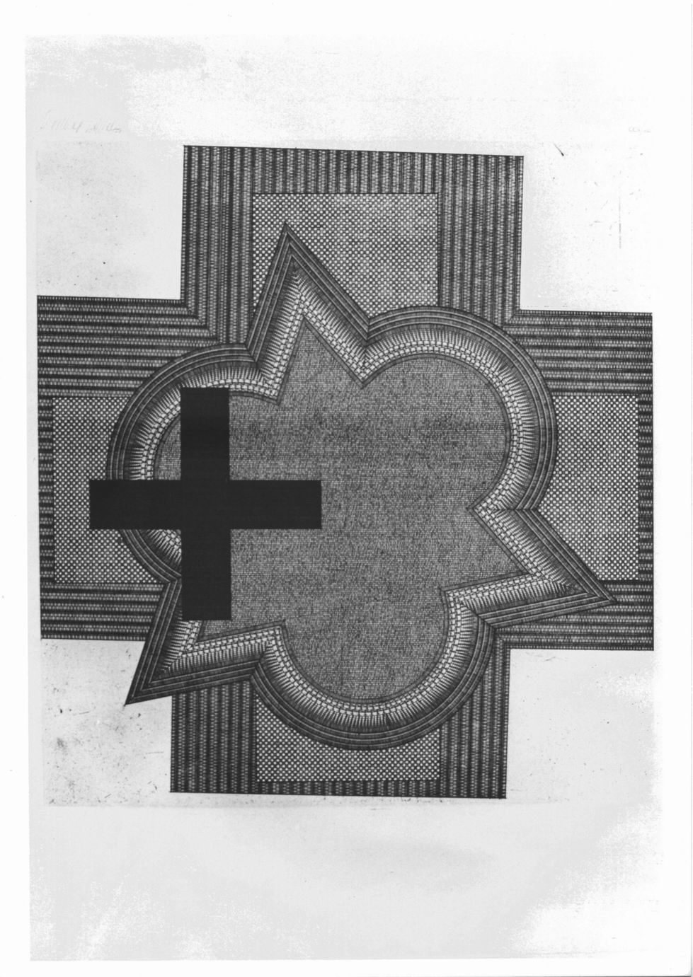 Oikema - Temple d'amour, Composizione astratta con croce e decorazioni arabeggianti (stampa) di Gachnang Johannes (sec. XX)