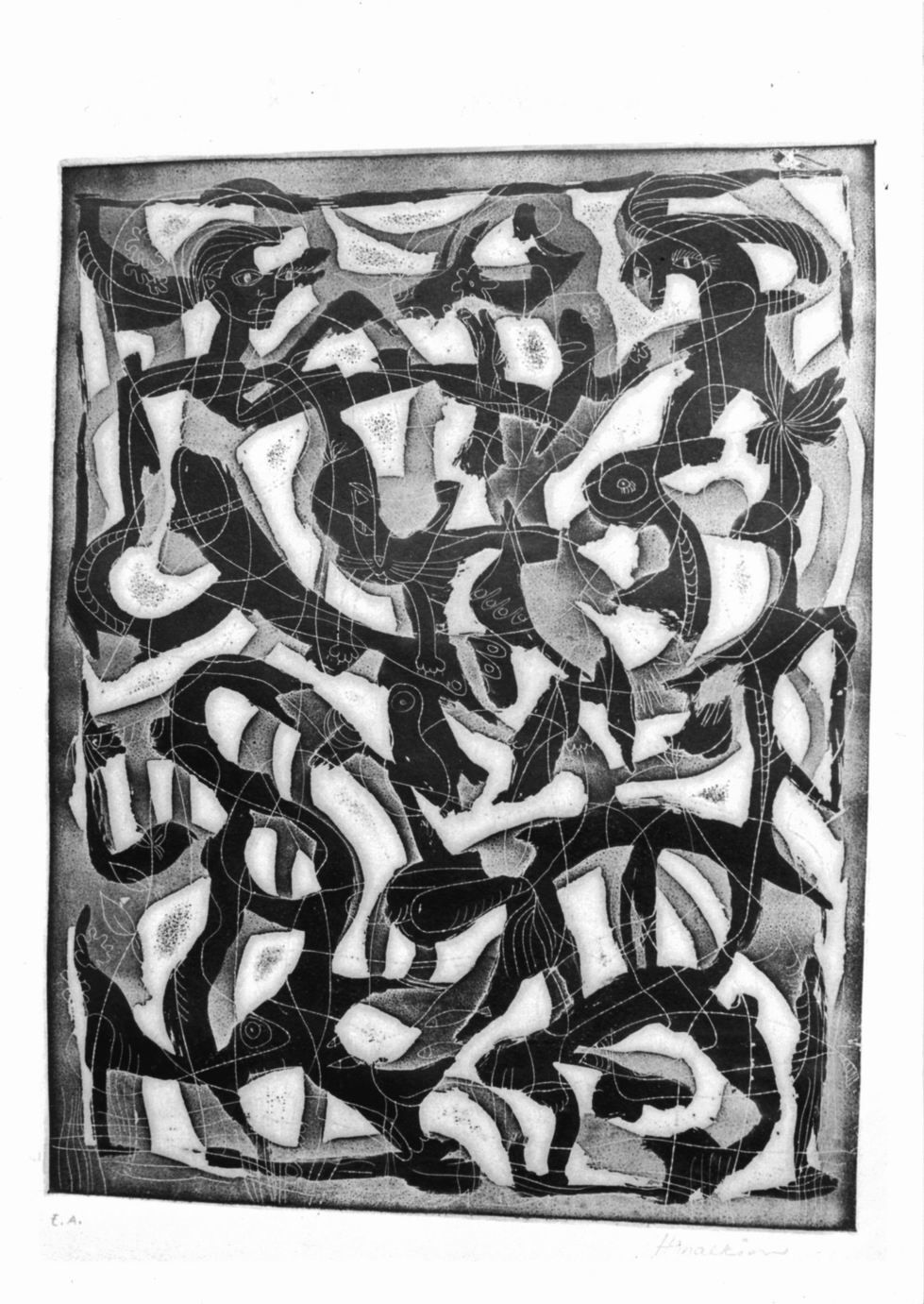 Crescendo, Composizione con figure umane e animali (stampa a colori) di Hinaekian Peggy (sec. XX)