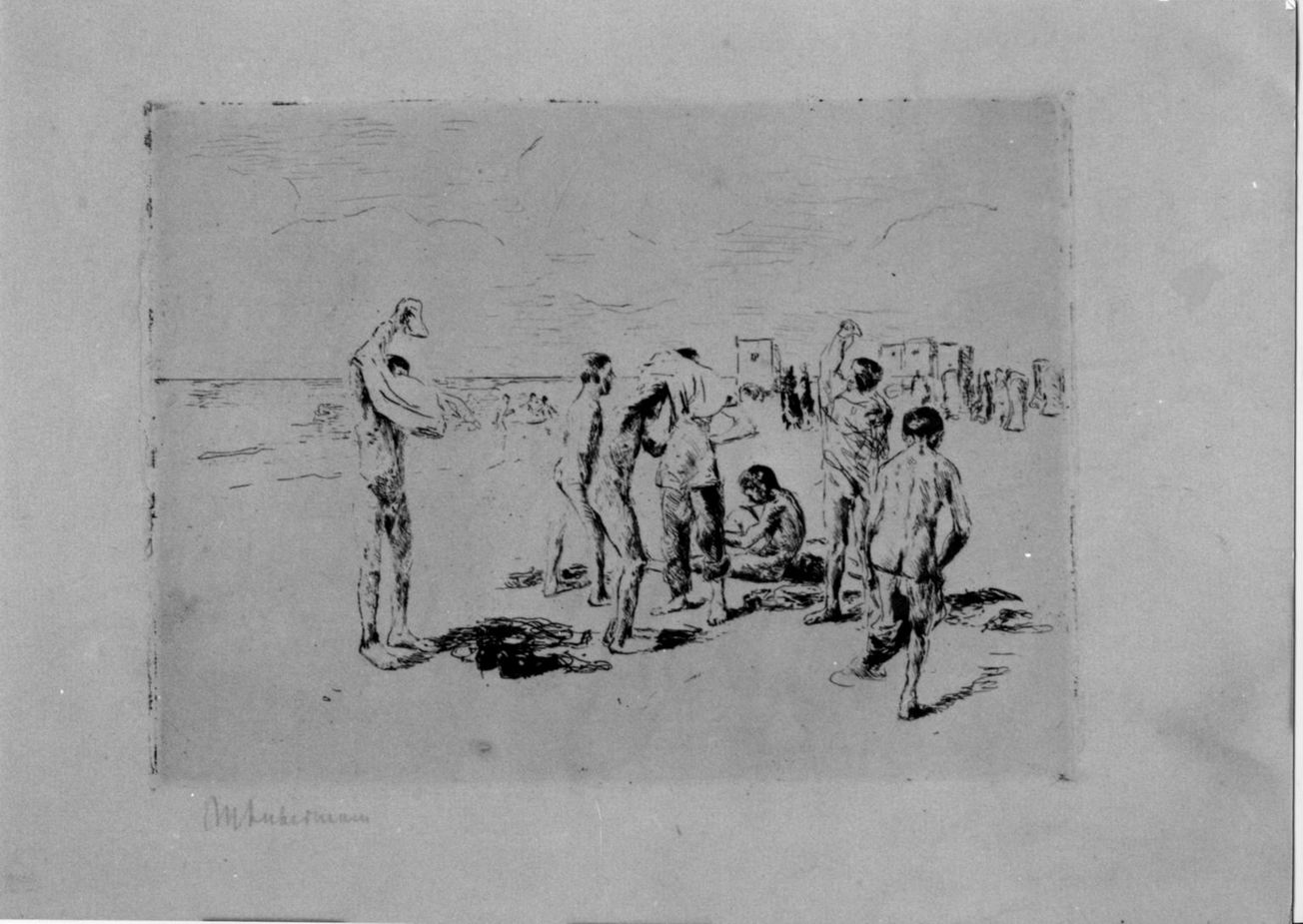 Badende Knaben, ragazzi che si spogliano sulla riva (stampa) di Liebermann Max (sec. XX)
