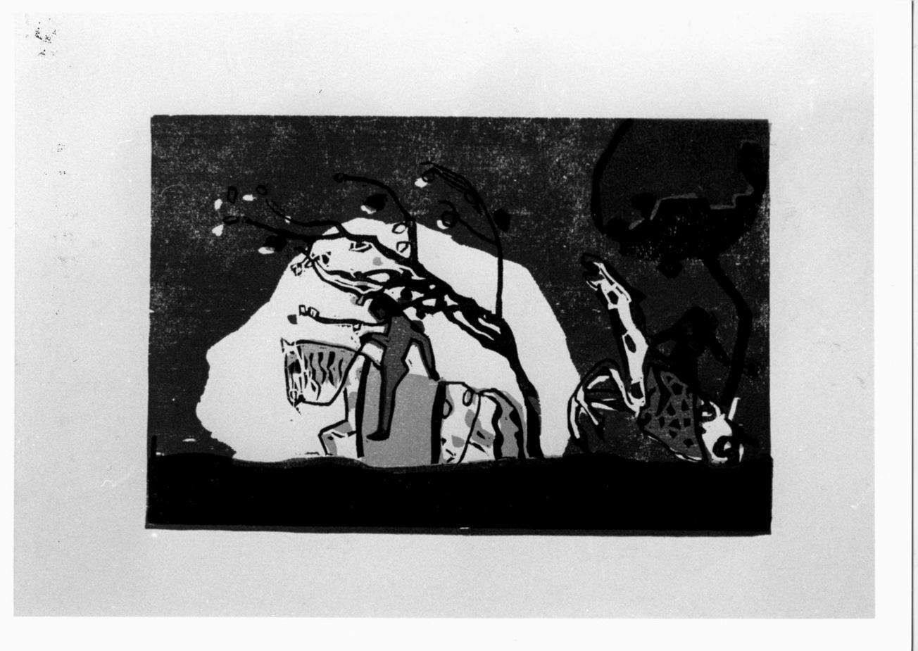 uomo e donna a cavallo sotto alberi (stampa a colori) di Kandinski Wassily (sec. XX)