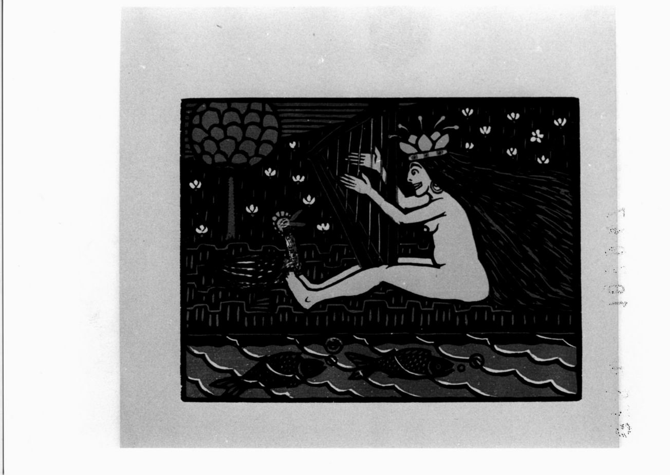 Märchen, figura femminile con arpa in paesaggio con animali (stampa a colori) di Laage Wilhelm (sec. XX)