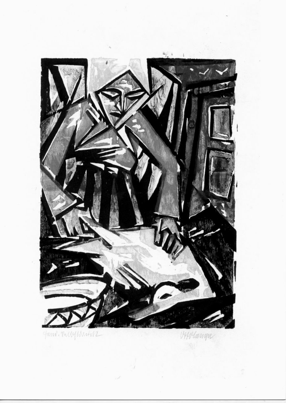 contadina che spenna un'oca (stampa a colori) di Lange Otto (sec. XX)