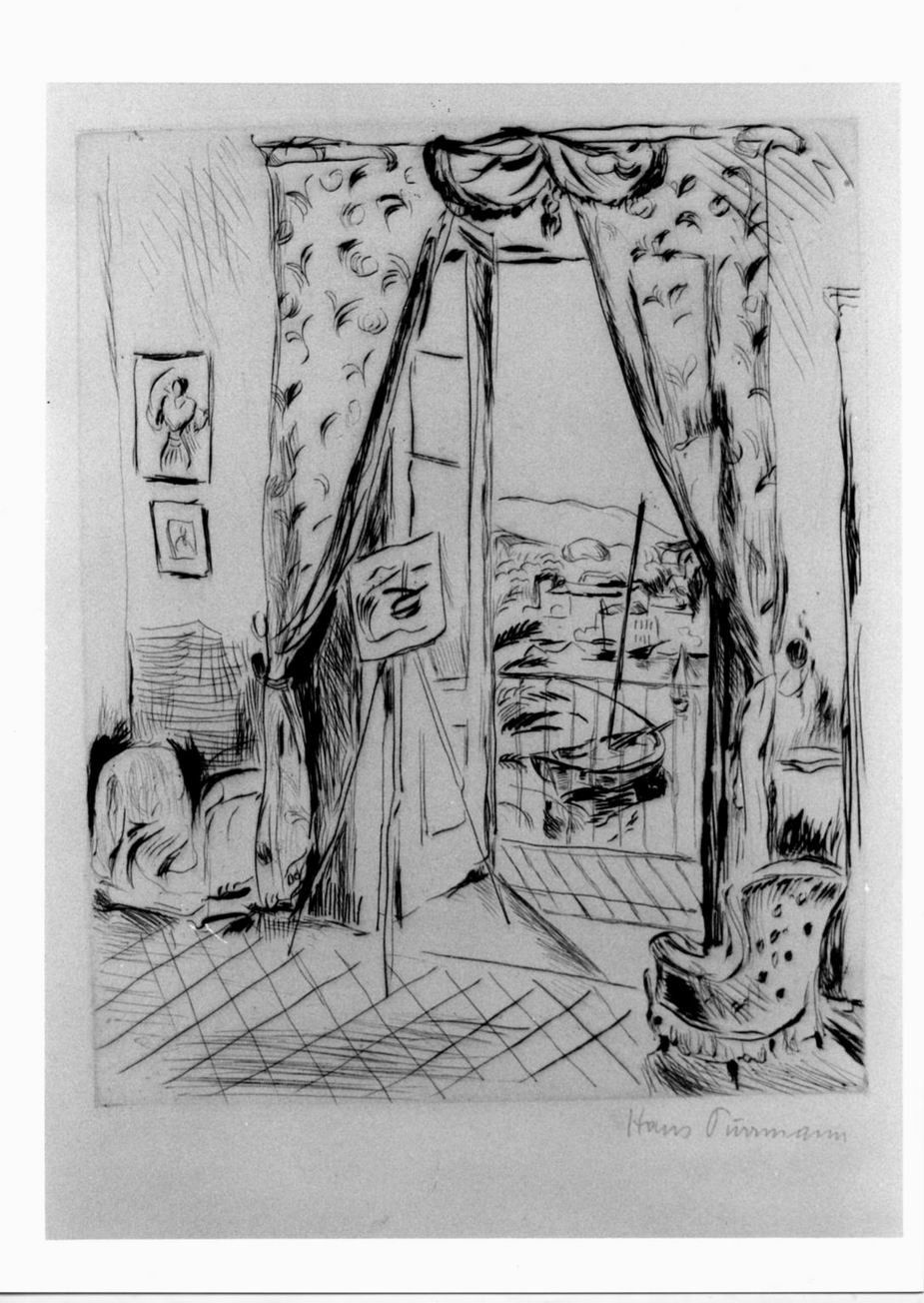 Interieur (porto di Ischia), interno con finestra aperta su veduta marina (stampa) di Purrmann Hans (sec. XX)