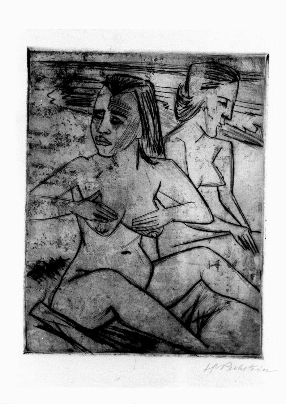 due nudi femminili seduti in riva al mare (stampa) di Pechstein Max (sec. XX)