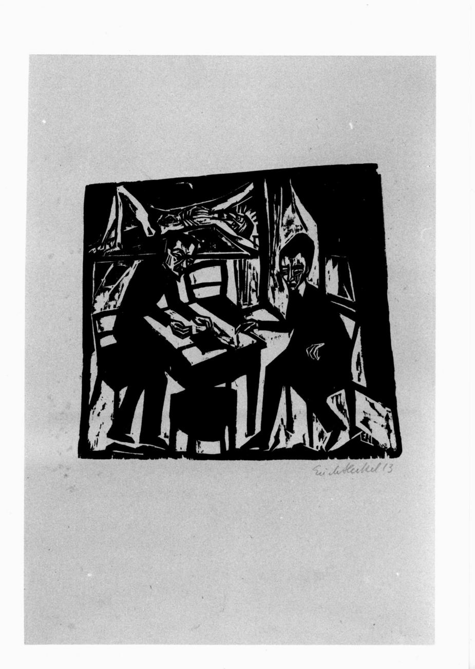 Zwei Männer am Tisch: Heckel und Müller, coppia di figure maschili a un tavolo e crocifisso (stampa) di Heckel Erich (sec. XX)