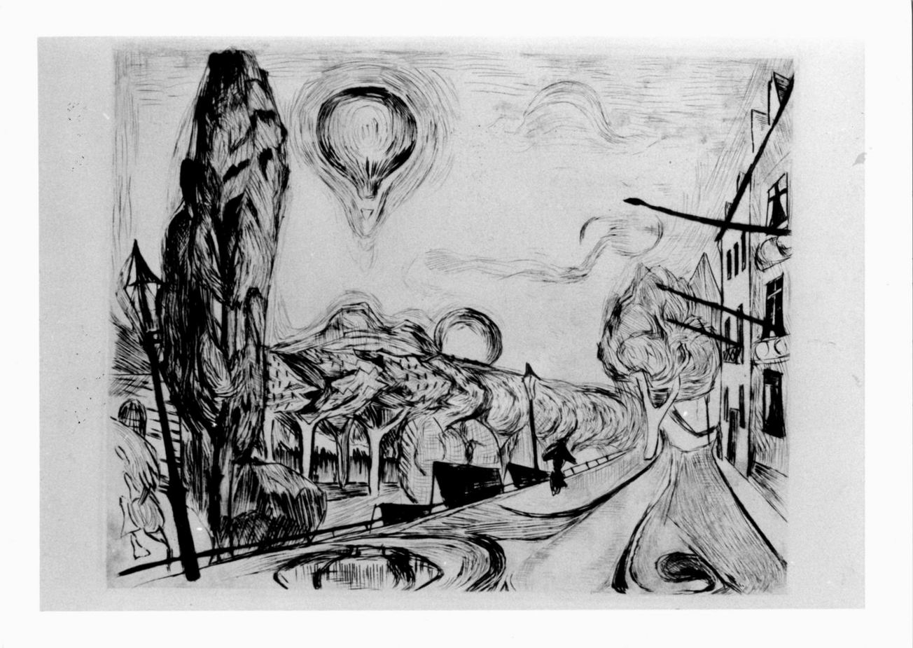 strada con alberi e pallone aereostatico in celo (stampa, elemento d'insieme) di Beckmann Max (sec. XX)