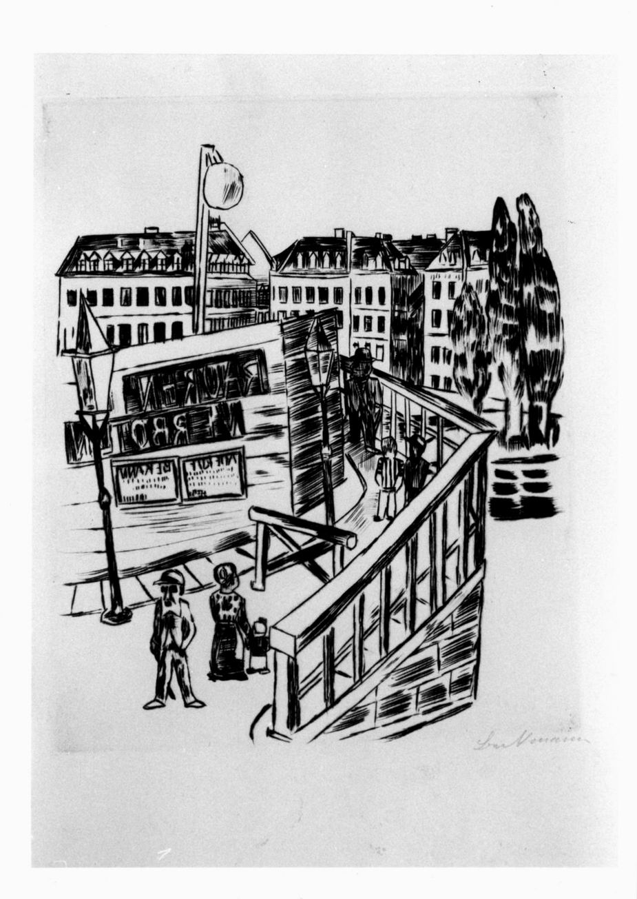 veduta di città con ponte (stampa) di Beckmann Max (sec. XX)
