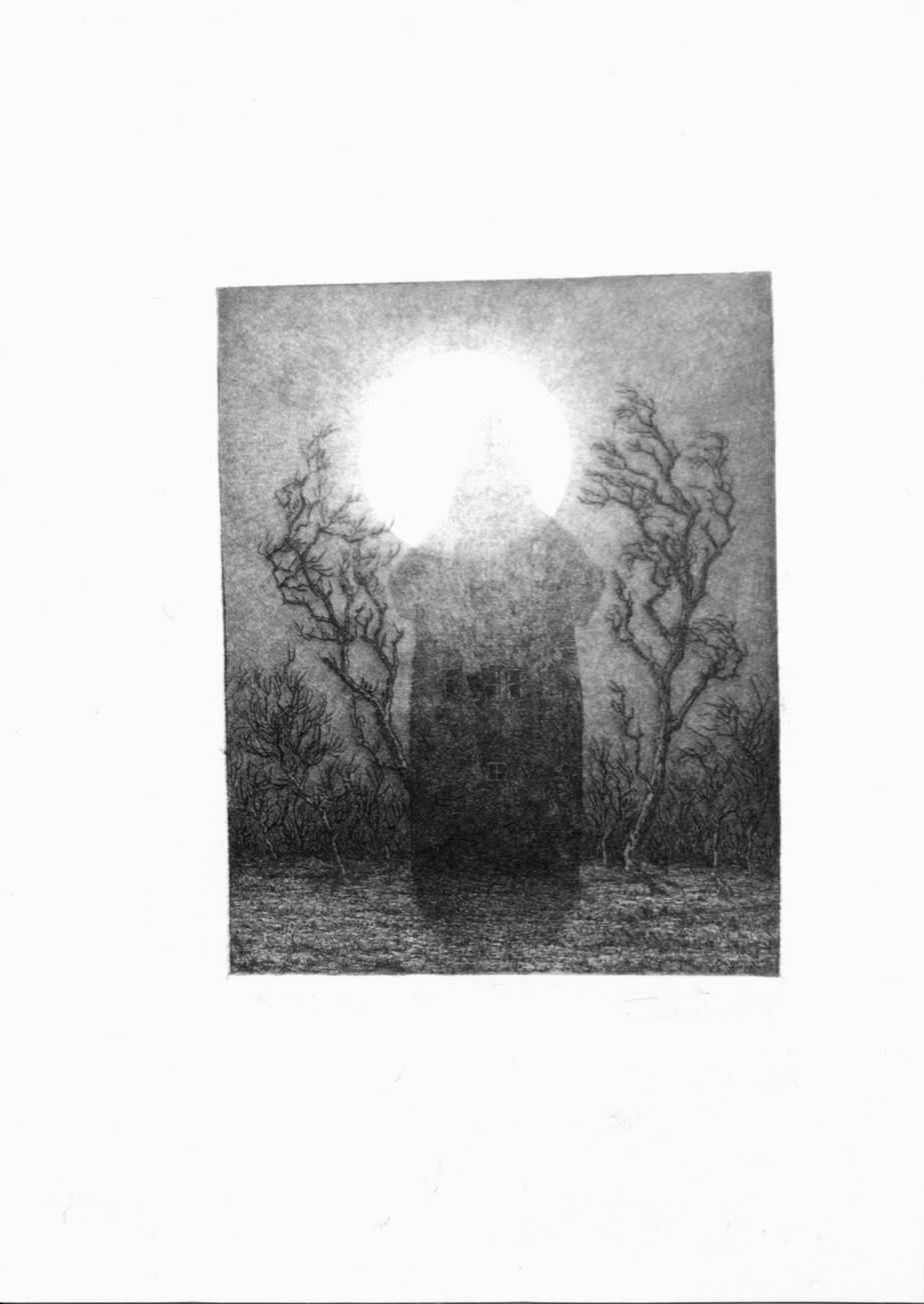 sagoma di casa con luna (stampa a colori, elemento d'insieme) di Schwimbeck Fritz (sec. XX)