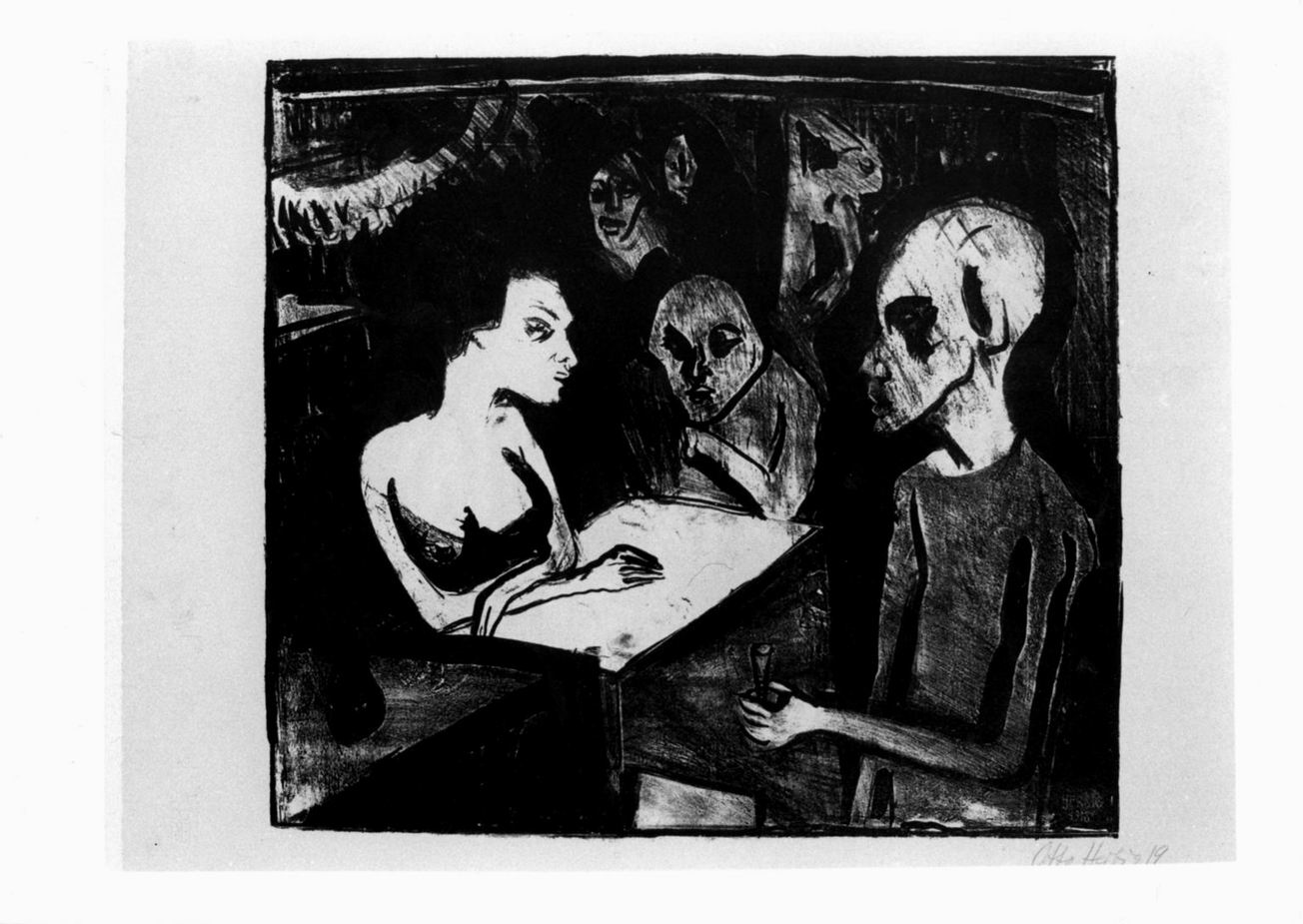 figure in un interno con tavolino (stampa) di Herbig Otto (sec. XX)