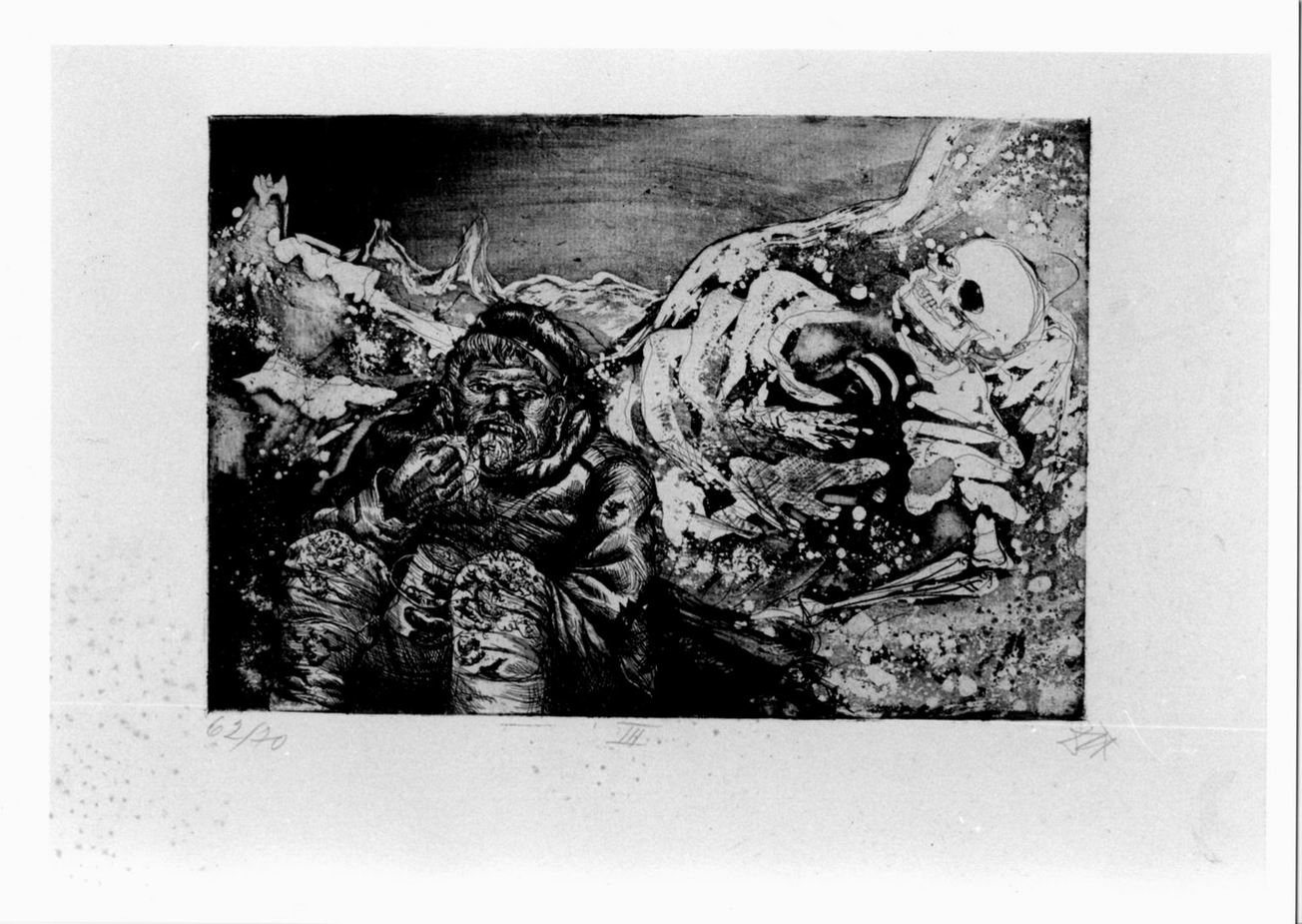 soldato in trincea accanto a scheletro (stampa, elemento d'insieme) di Dix Otto (sec. XX)