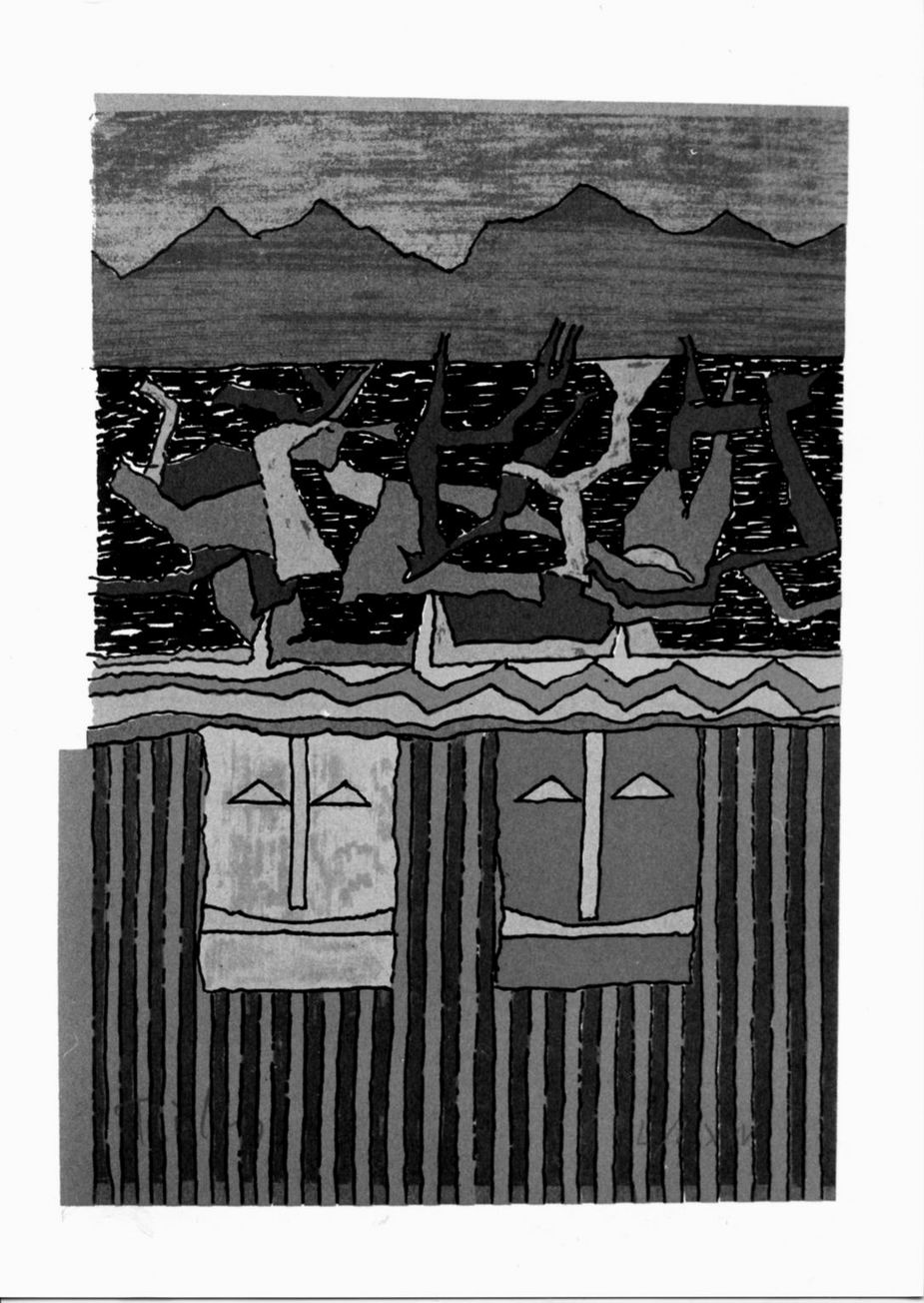 maschere e paesaggio (stampa a colori, elemento d'insieme) di Trökes Heinz (sec. XX)