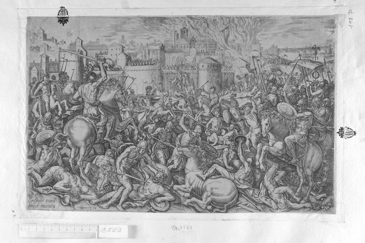 Grande combattimento davanti città in fiamme (stampa) di De Passe Cryspin I (sec. XVII)