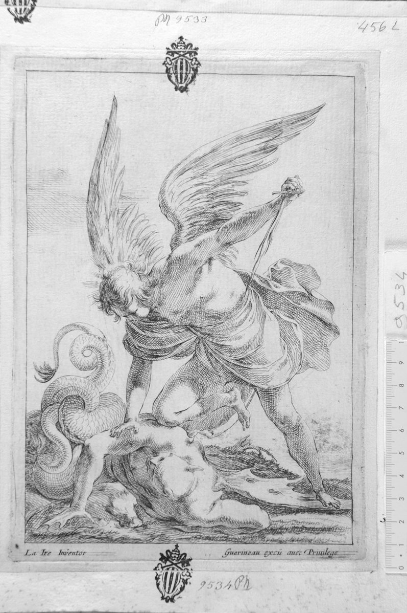 L'angelo col demonio sotto il ginocchio (stampa) di De La Hire Laurent (sec. XVII)