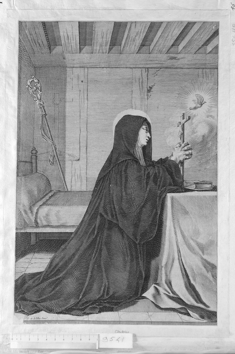 S. Teresa in orazione davanti al Crocifisso (stampa) di De La Hire Laurent (sec. XVII)