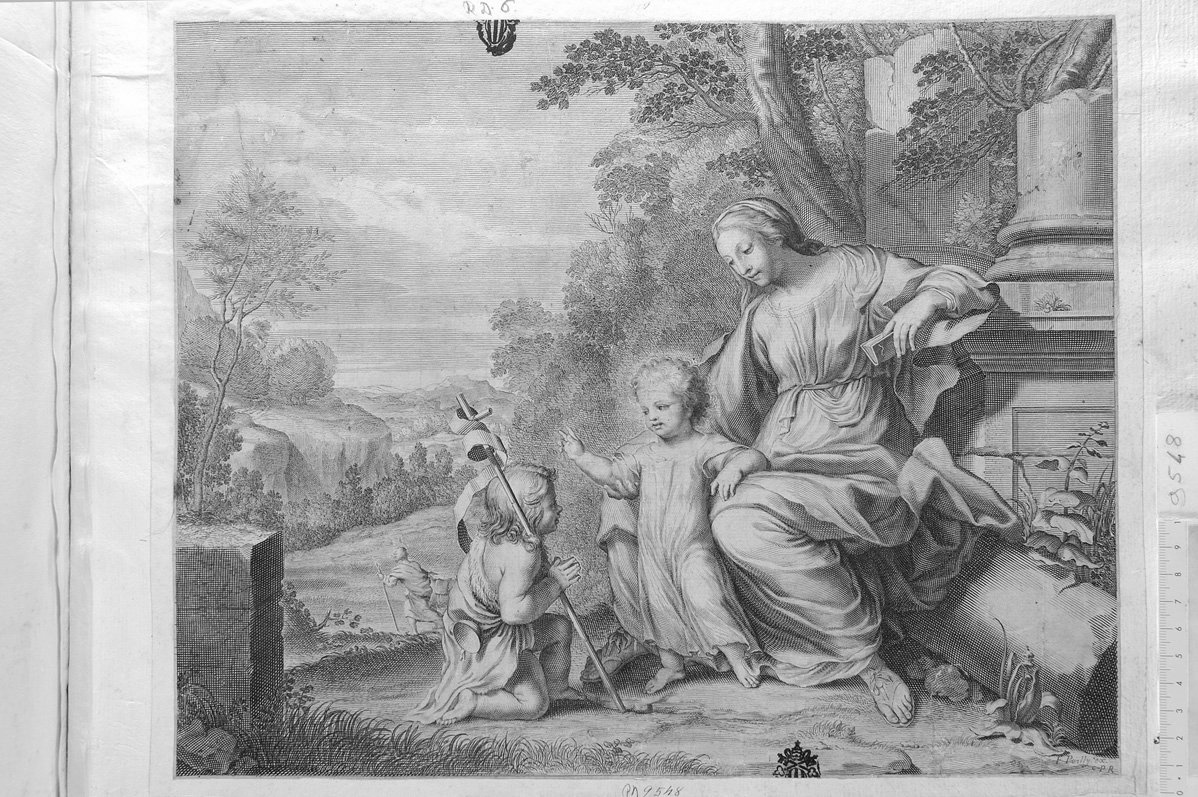 Sacra famiglia con San Giovannino (stampa) di De Poilly François (sec. XVII)