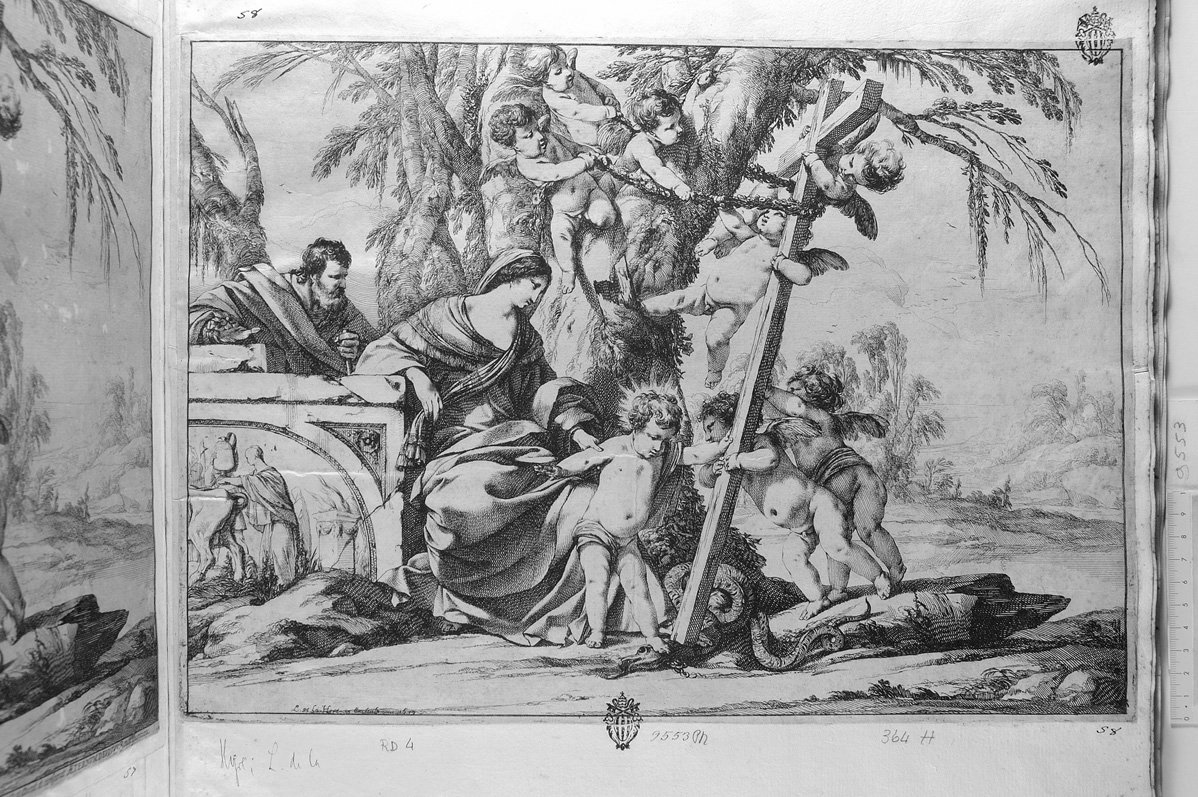 Sacra famiglia con il Bambino che schiaccia il serpente (stampa) di De La Hire Laurent (sec. XVII)