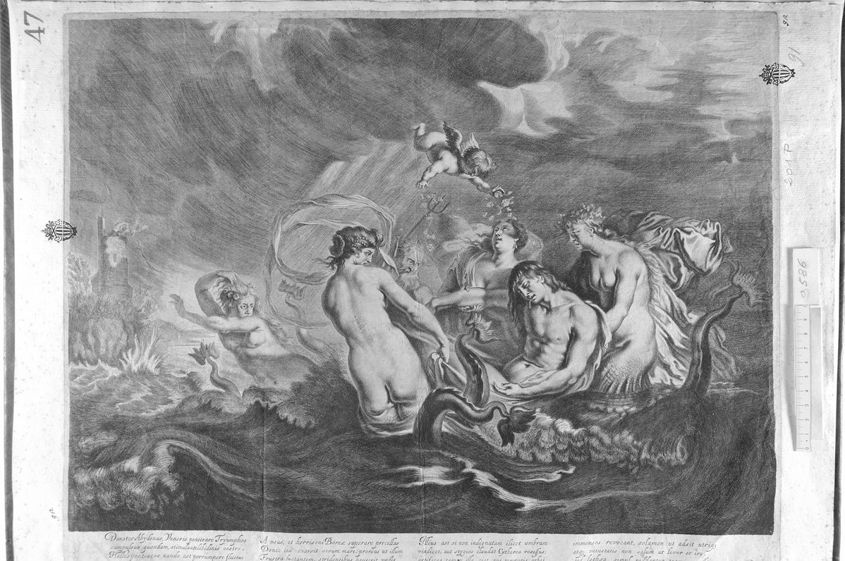 Leandro trasportato dalle divinità marine (stampa) di Van Persyn Reinier (sec. XVII)