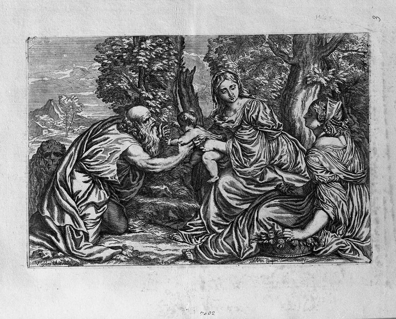 La Madonna che porge il Bambino a san Girolamo e altra santa per terra (stampa) di Le Fevre Valentin (sec. XVII)
