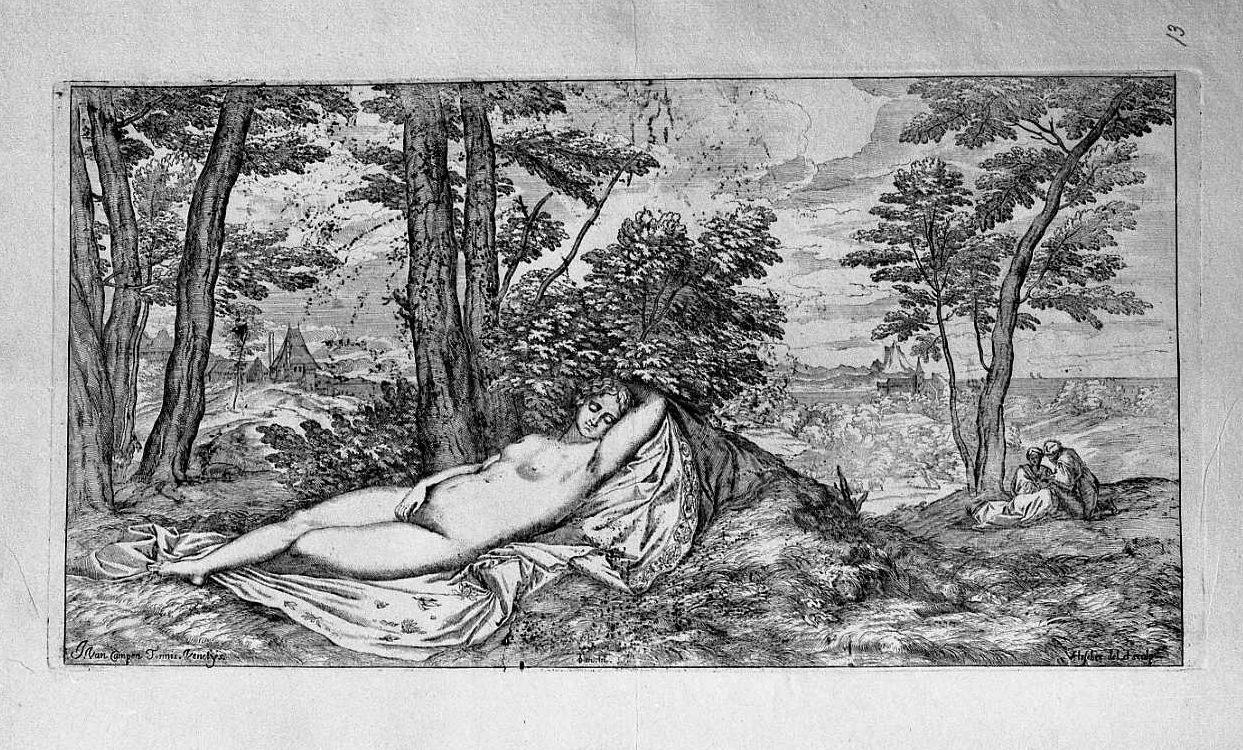 Venere dormiente sopra un bianco lino (stampa) di Le Fevre Valentin (sec. XVII)
