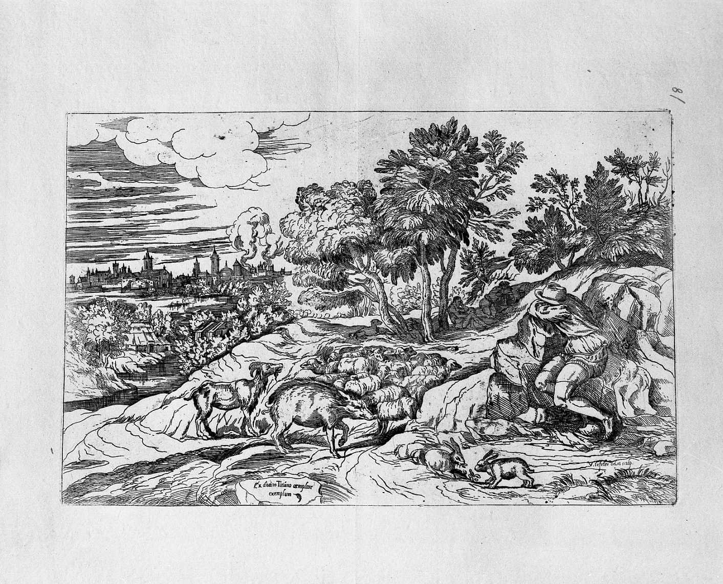 Paesaggio con pecora, capra, lepre, maiale, e pastore che dorme (stampa) di Le Fevre Valentin (sec. XVII)