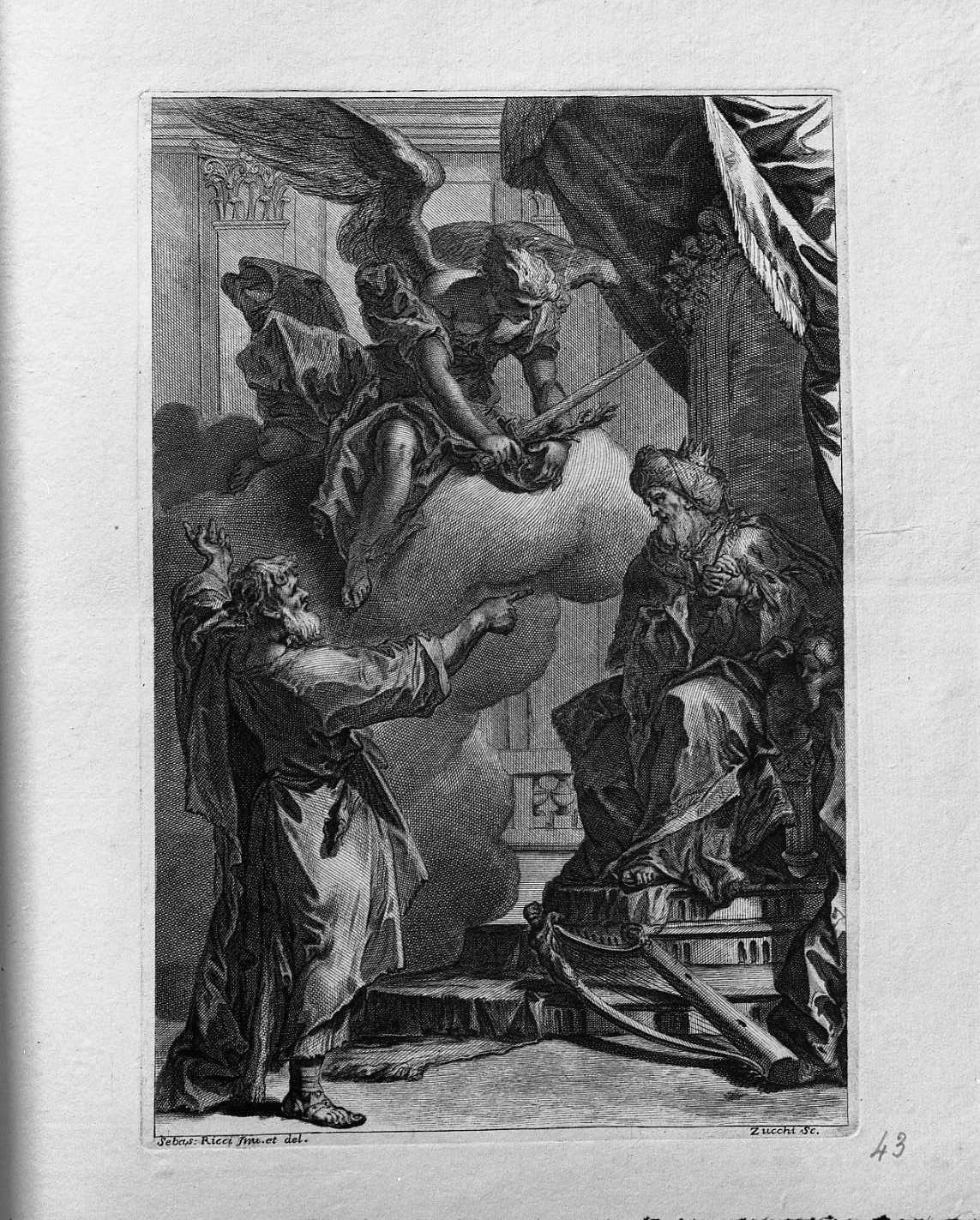 Il re David seduto sul trono con l'arpa ai piedi (stampa) di Zucchi Lorenzo (sec. XVII)