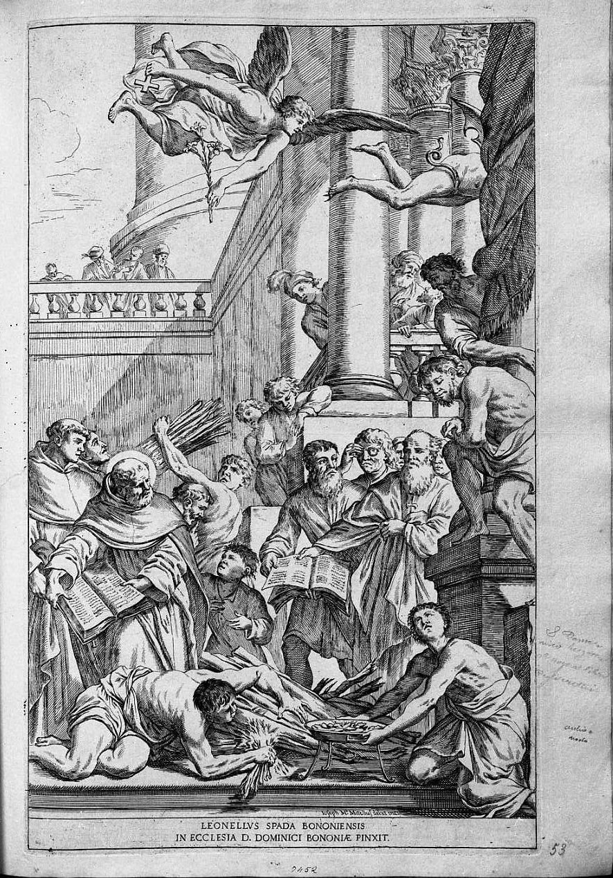 San Domenico che brucia i libri degli eretici (stampa) di Mitelli Giuseppe Maria (sec. XVII)