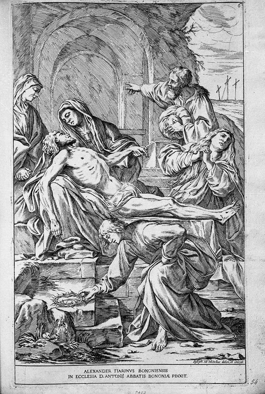 il pianto della Vergine e delle donne sul corpo di Cristo morto (stampa) di Mitelli Giuseppe Maria (sec. XVII)