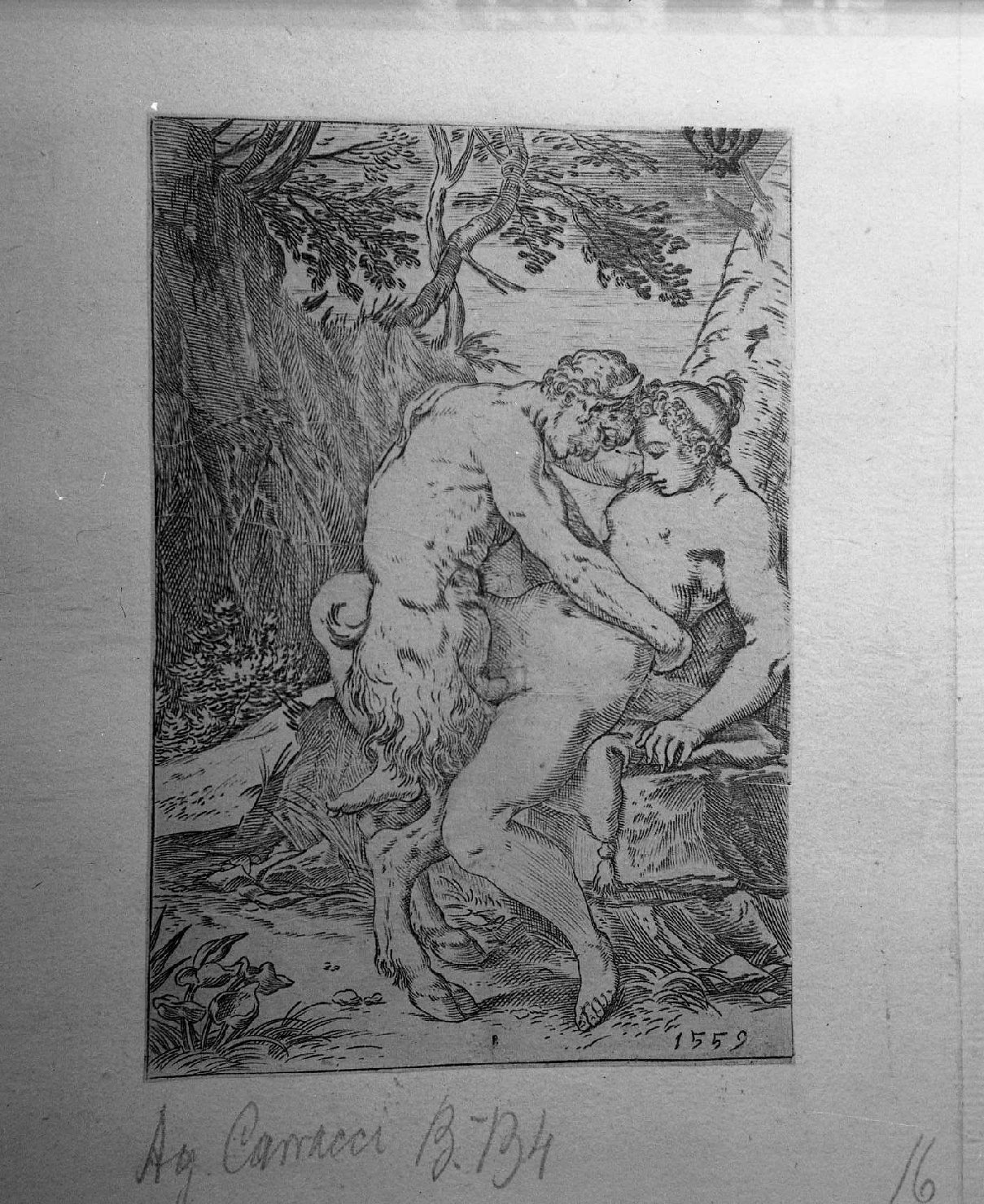 Satiro e ninfa che amoreggiano (stampa) di Carracci Agostino (sec. XVII)