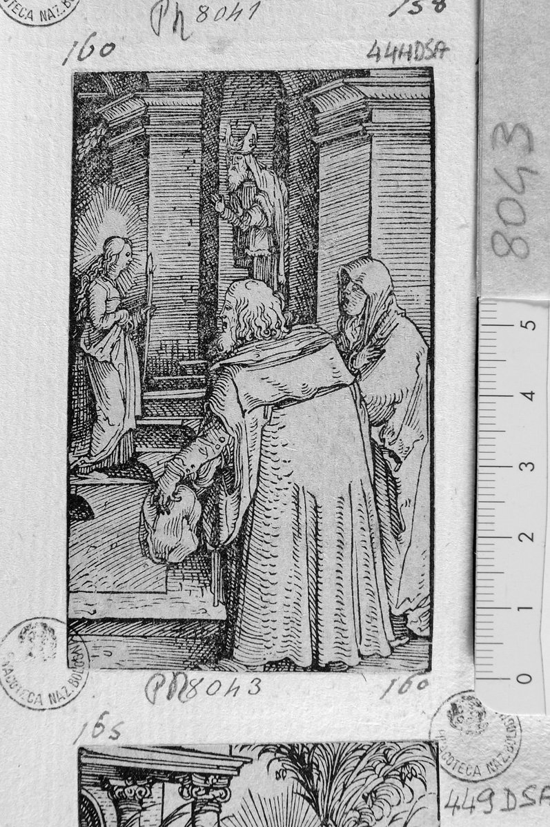 la Vergine ricevuta dal sacerdote (stampa) di Durer Albrecht (scuola) (sec. XVII)