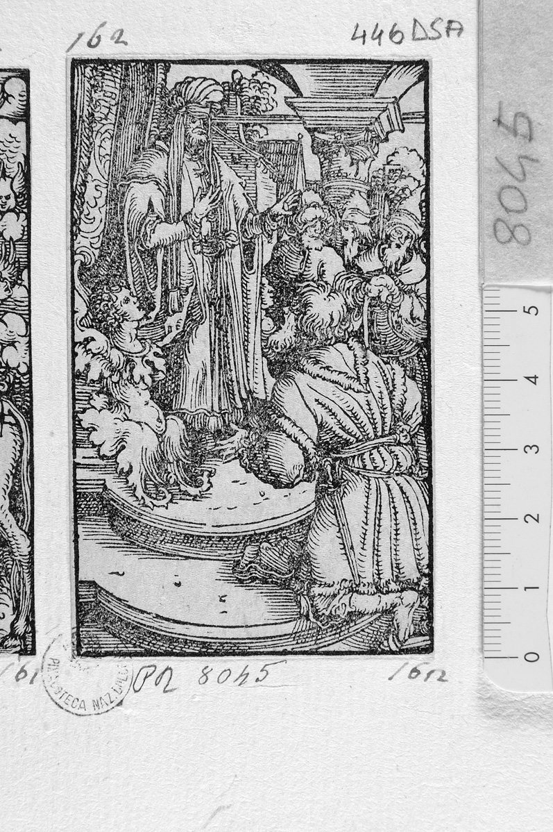 Sacerdote in piedi di fronte a quattro vecchi (stampa) di Durer Albrecht (scuola) (sec. XVII)