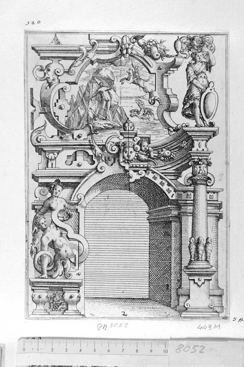 2. Disegno architettonico con decorazione di S. Giorgio e il drago (stampa) di Meyer Daniel (sec. XVII)