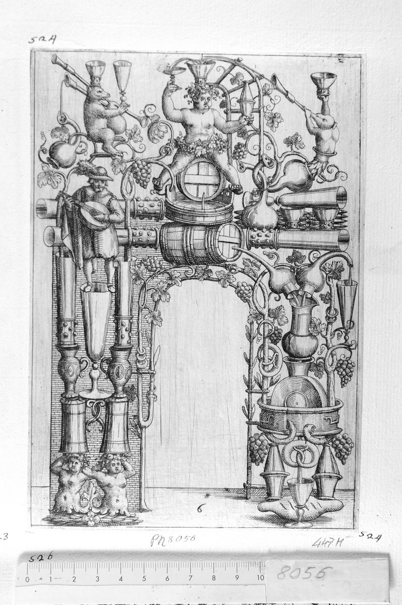 6. Porta con decorazione di Bacco e cavallo di una botte (stampa) di Meyer Daniel (sec. XVII)
