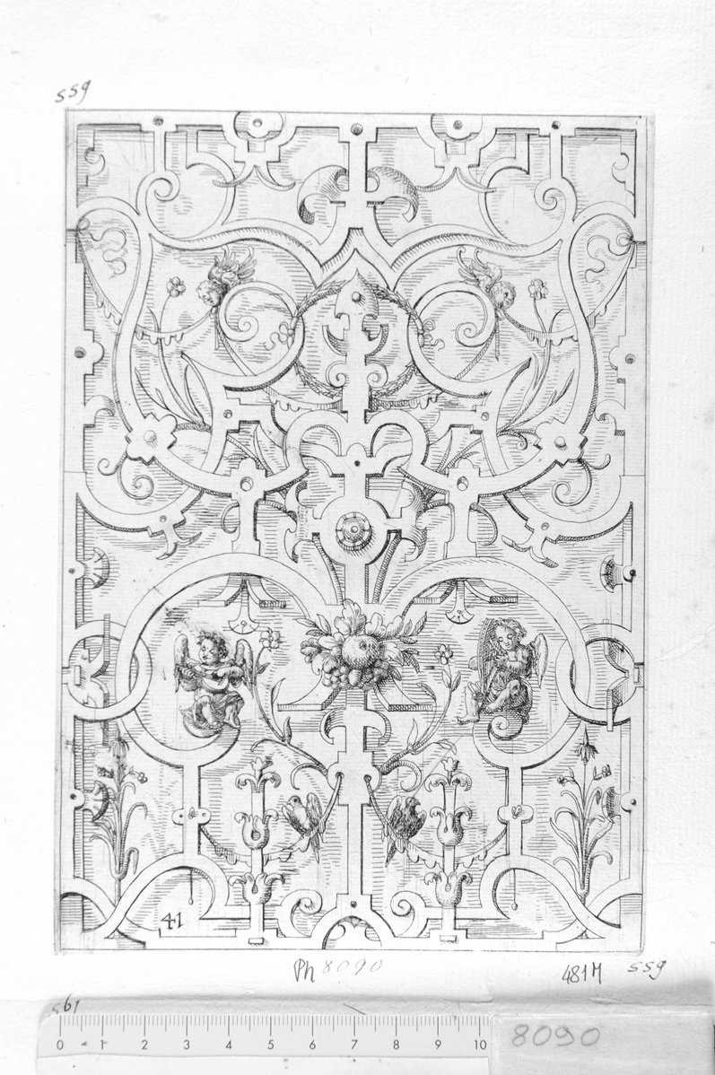41. Ornato con due angioletti seduti che suonano (stampa) di Meyer Daniel (sec. XVII)