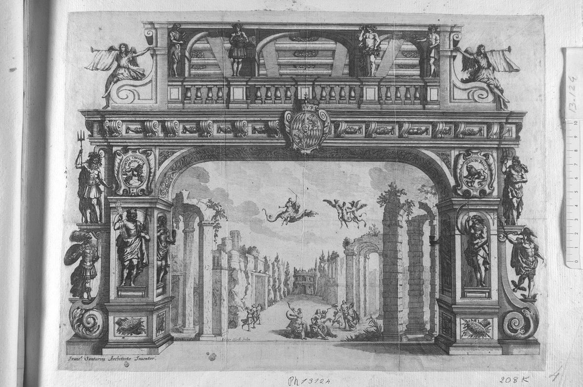 Scena teatrale con donne su mostruosi animali e ruderi (stampa) di Kuesel Melchior (sec. XVII)