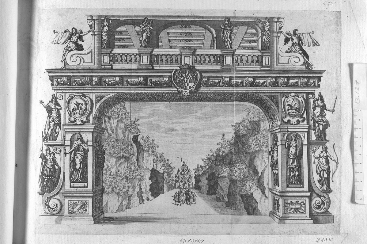 Scena teatrale con sei leoni condotti da quattro donne (stampa) di Kuesel Melchior (sec. XVII)