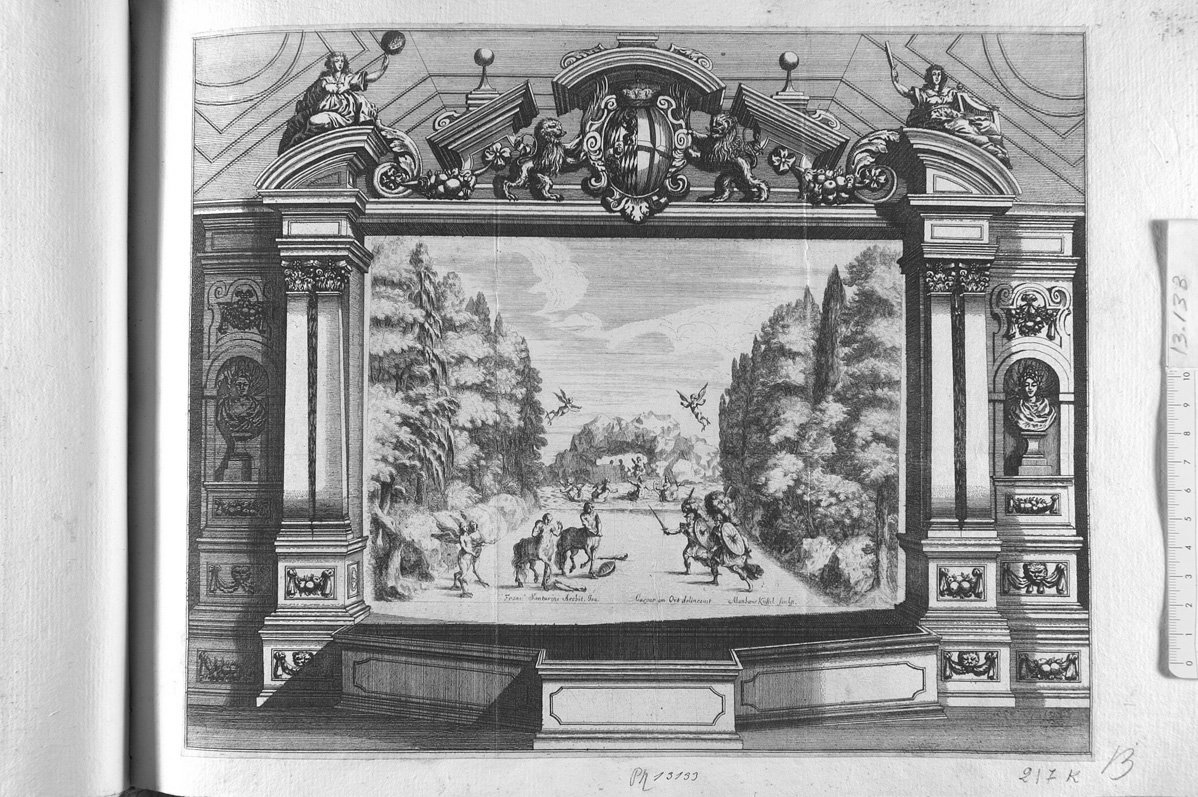 Scena teatrale con centauri vinti da due guerrieri (stampa) di Kuesel Mathaus (sec. XVII)