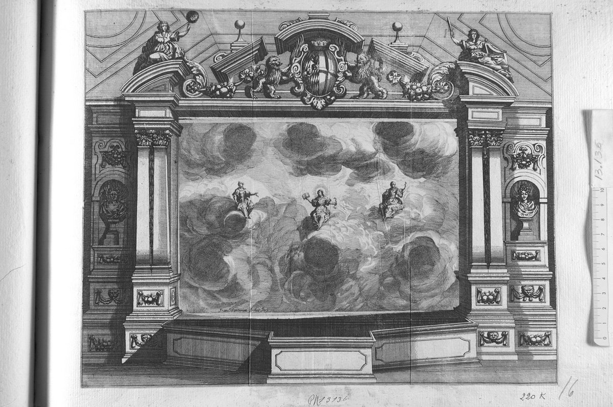 Scena teatrale con tre figure femminili sulle nubi (stampa) di Kuesel Mathaus (sec. XVII)