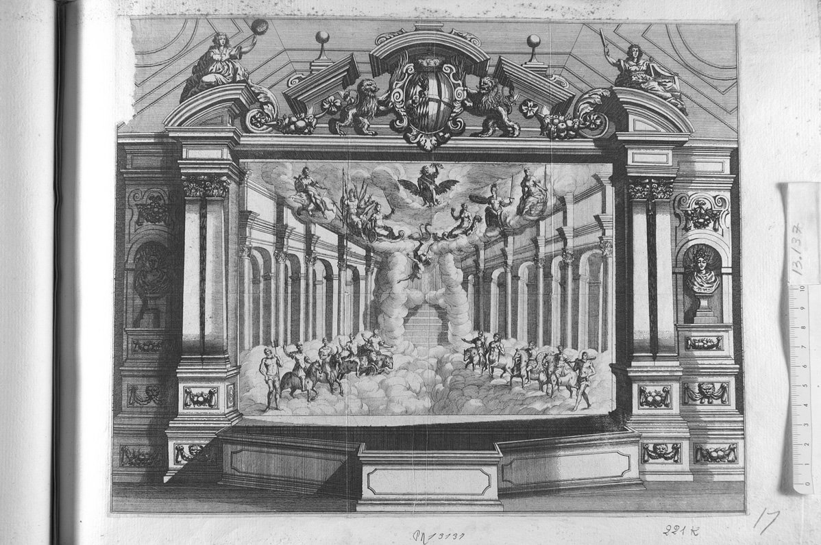 Scena teatrale con Nettuno, Ercole e altre divinità sulle nubi (stampa) di Kuesel Mathaus (sec. XVII)