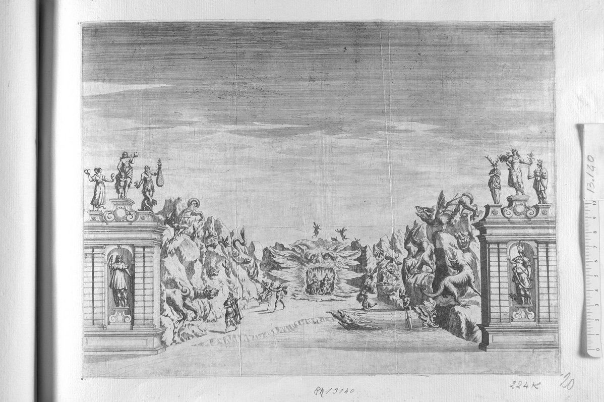 Scena teatrale con Orfeo che suona la lira e altra figura mitologica (stampa) di Kuesel Melchior (sec. XVII)