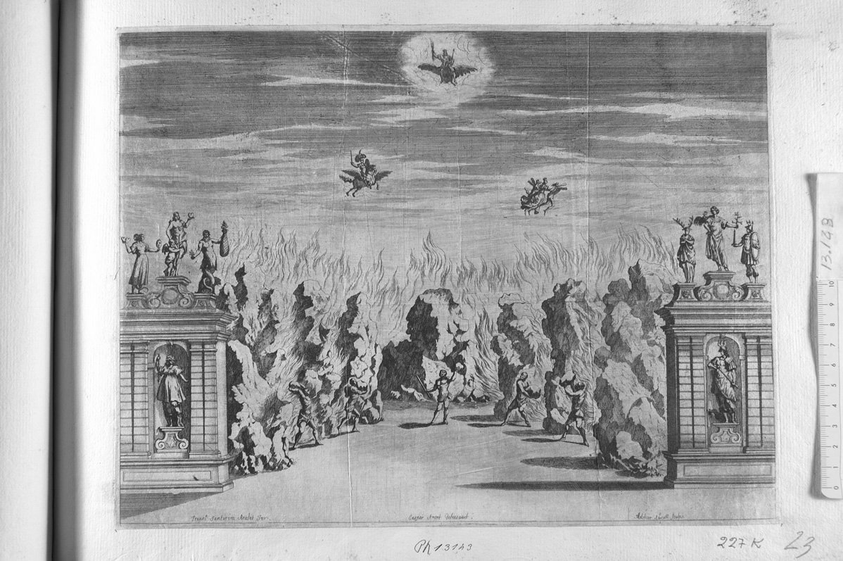 Scena teatrale con Giove in alto, dei alati e sotto le ? lotta maschile con sassi (stampa) di Kuesel Melchior (sec. XVII)