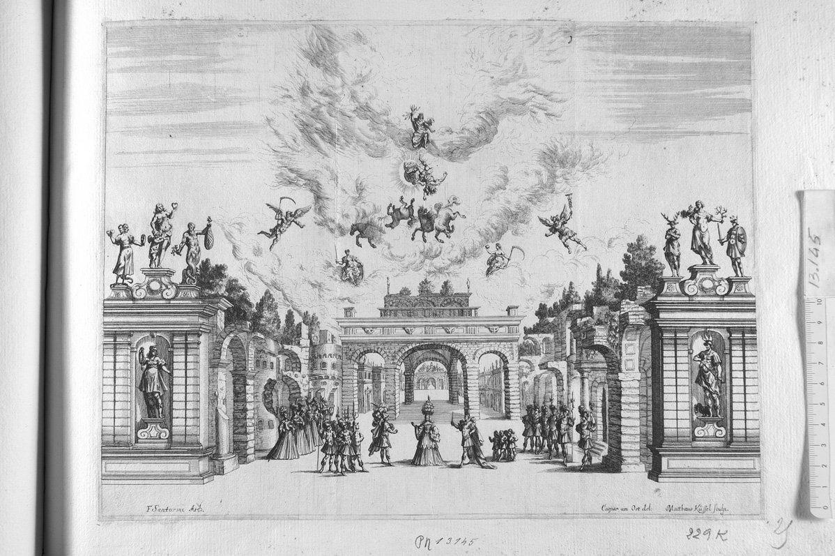 Scena teatrale con caduta di Fetonte e sotto donna e seguito in una corte (stampa) di Kuesel Mathaus (sec. XVII)