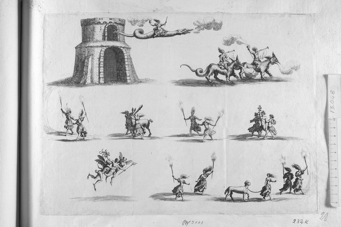 Corteo con giovanetto con fiaccole ed altre su animali mostruosi (stampa) di Kuesel Melchior (sec. XVII)